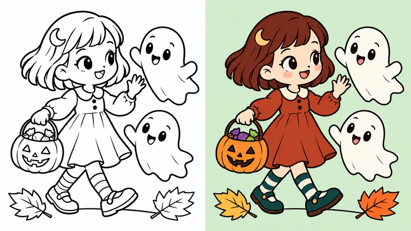A girl carrying a pumpkin candy bucket beside two friendly ghosts