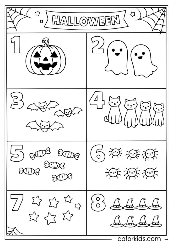 Halloween counting coloring page with pumpkins ghosts bats and spiders for kids