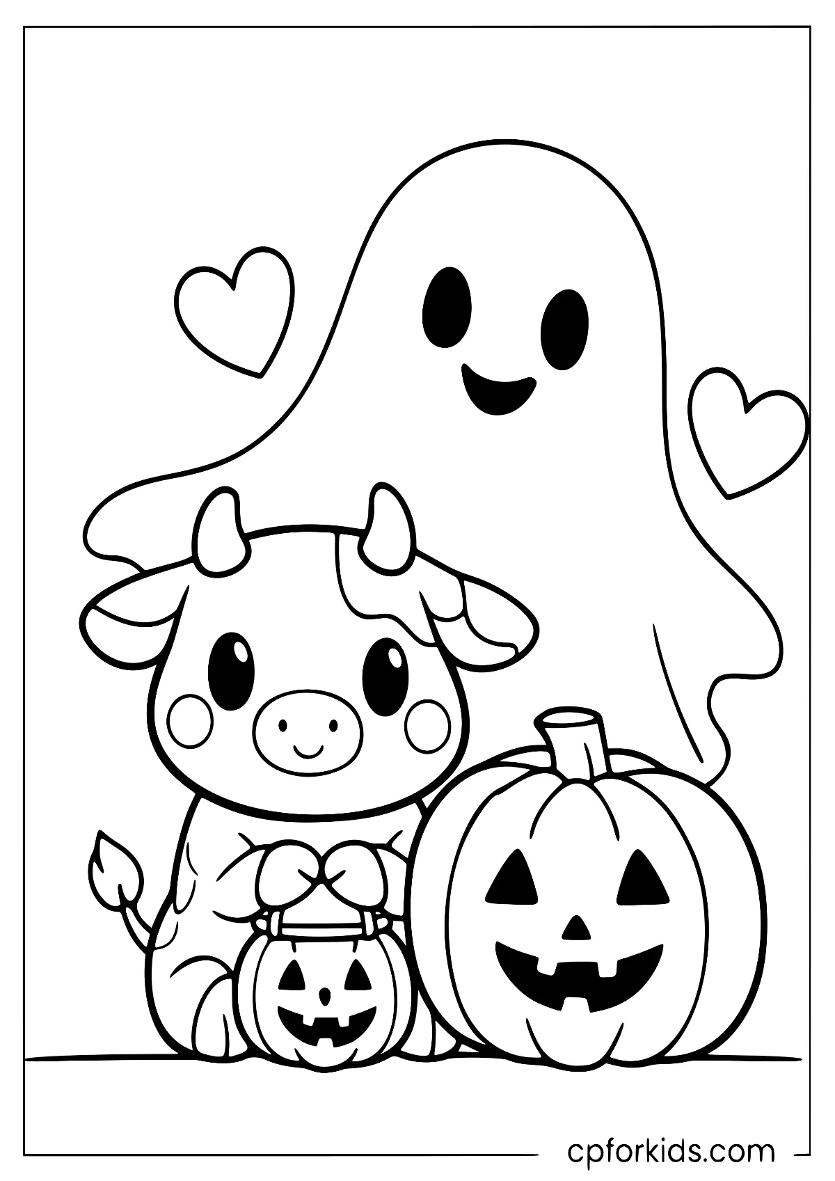 Smiling cow standing beside a pumpkin