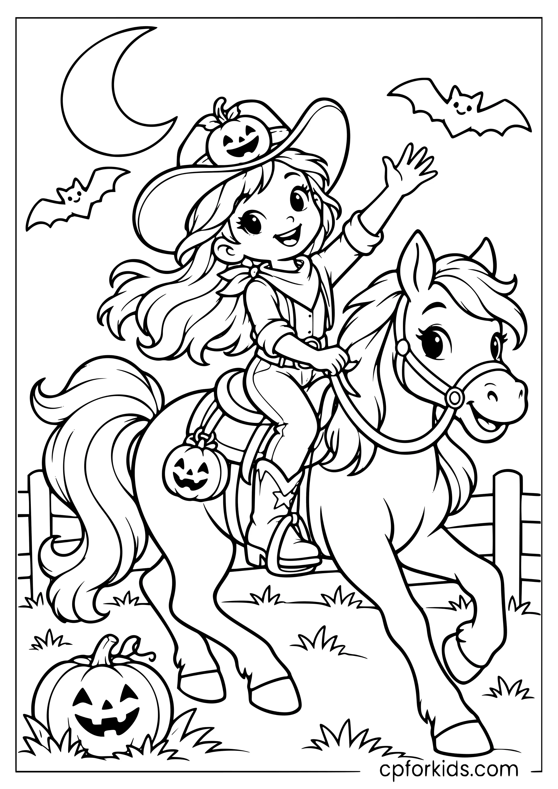Halloween cowgirl with a pumpkin hat and spooky horse
