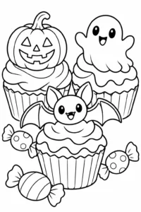 Halloween cupcakes with pumpkins, candy, and spooky decorations
