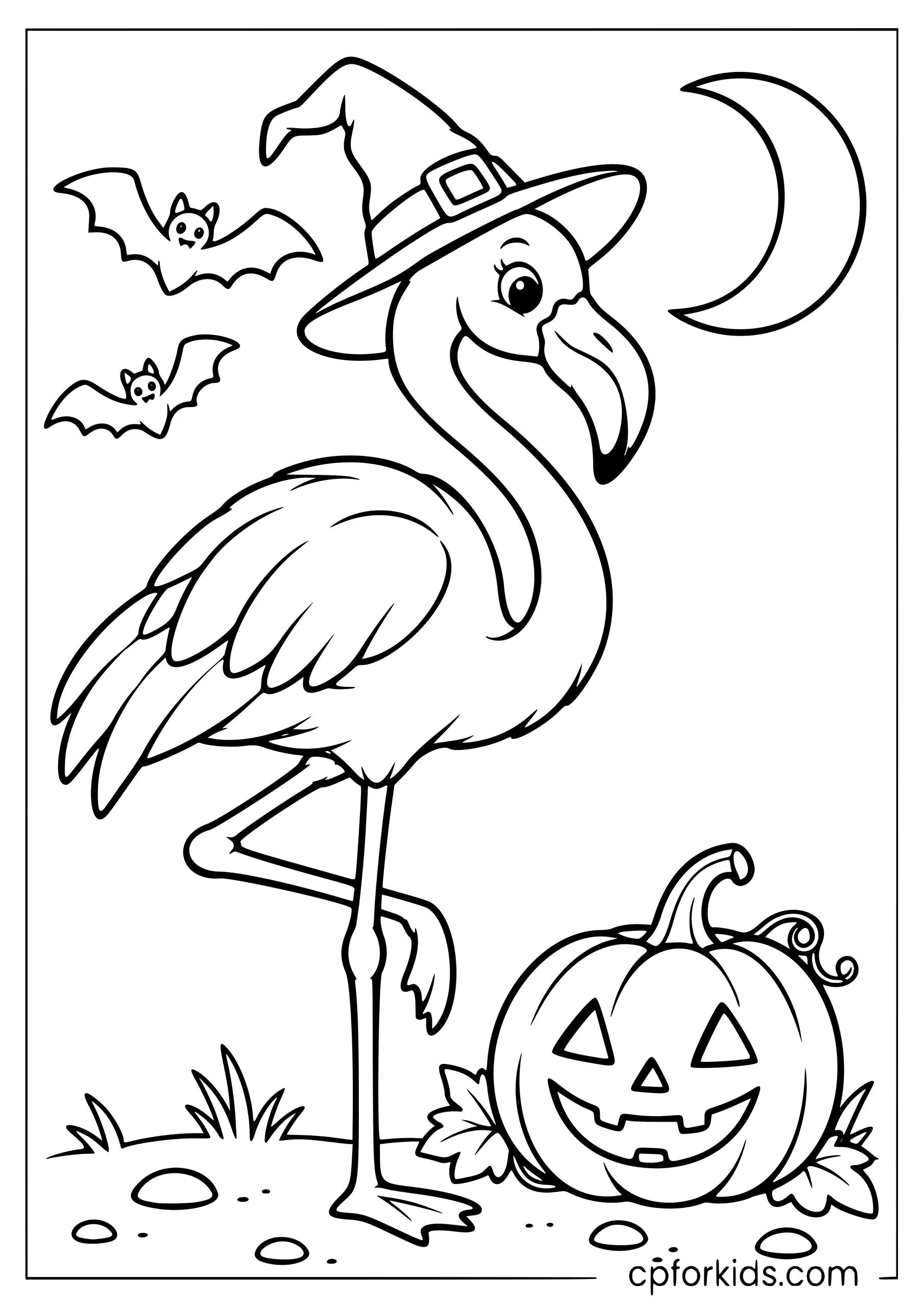 Flamingo wearing a witch hat on Halloween night