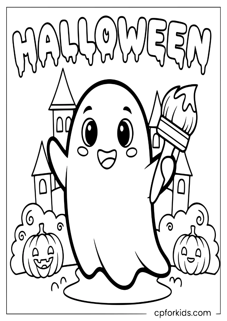 A friendly ghost coloring spooky Halloween coloring page lettering in a castle garden