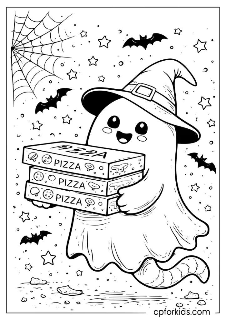 Friendly halloween ghost in witch hat delivering pizza boxes coloring page for kids