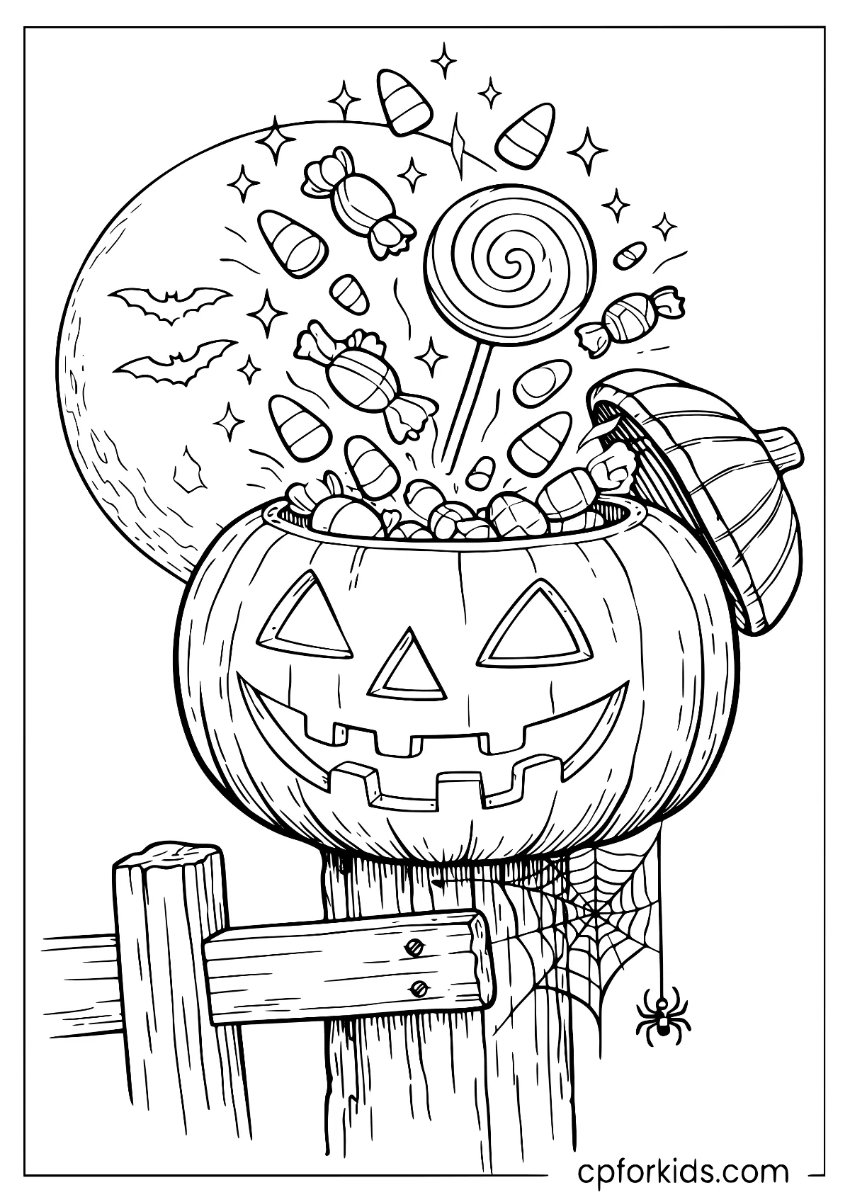 Jack-o-lantern pumpkin bucket overflowing with Halloween candy