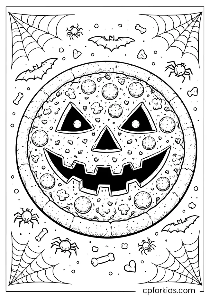 Halloween jack o lantern pizza with carved pumpkin face and bats coloring page for kids