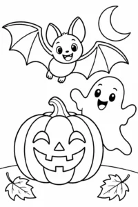 A friendly ghost, jack-o’-lantern, and bat on Halloween night