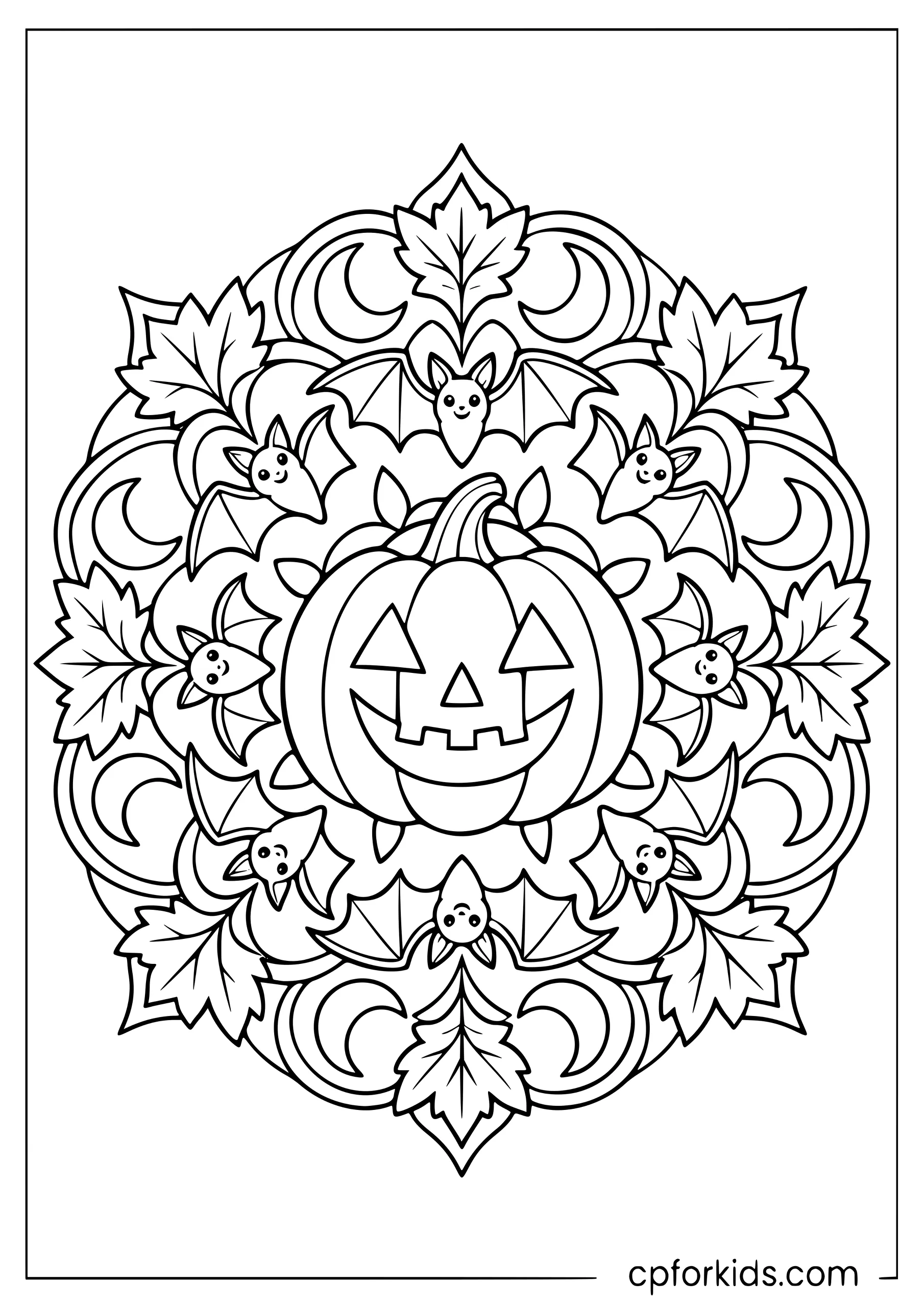 Jack-o-lantern surrounded by bats and crescent shapes