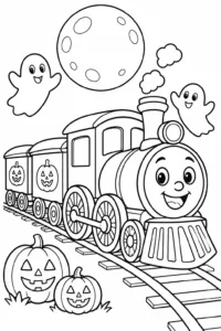 A spooky Halloween train with friendly ghosts floating around it