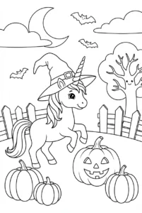 Halloween unicorn wearing a witch hat among pumpkins