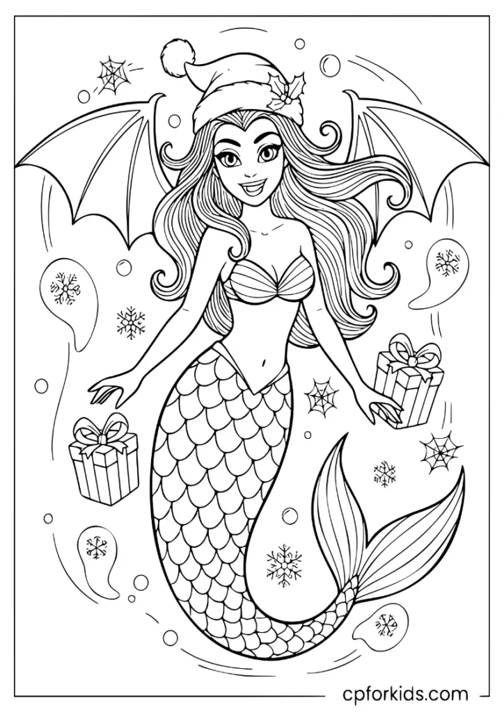 Halloween vampire mermaid coloring page with bat wings