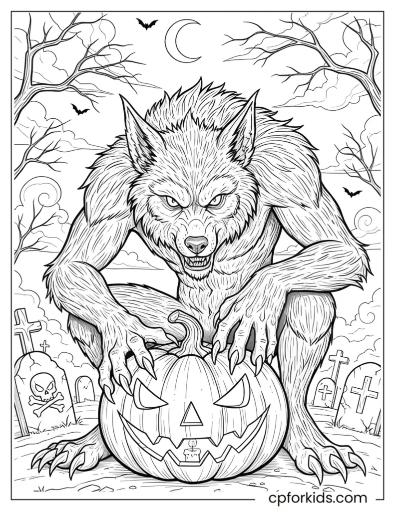 Spooky Halloween werewolf standing by a jack-o'-lantern and gravestones, printable coloring page.