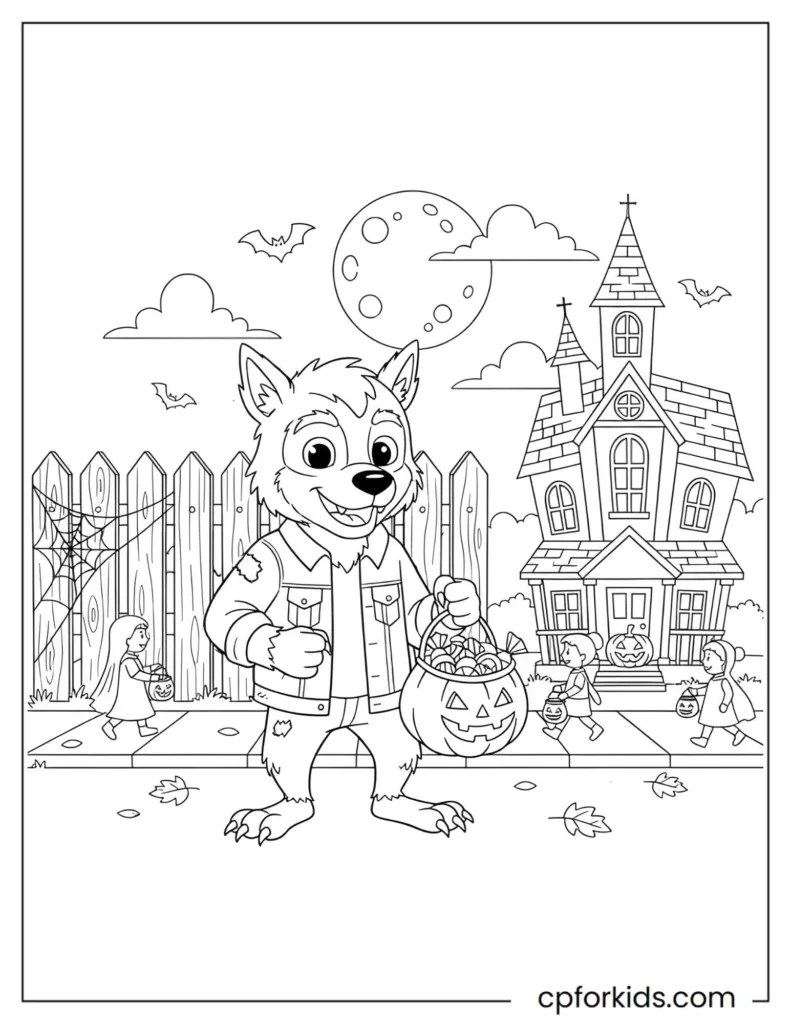 Halloween werewolf holding a trick-or-treat bag, festive scene coloring page.