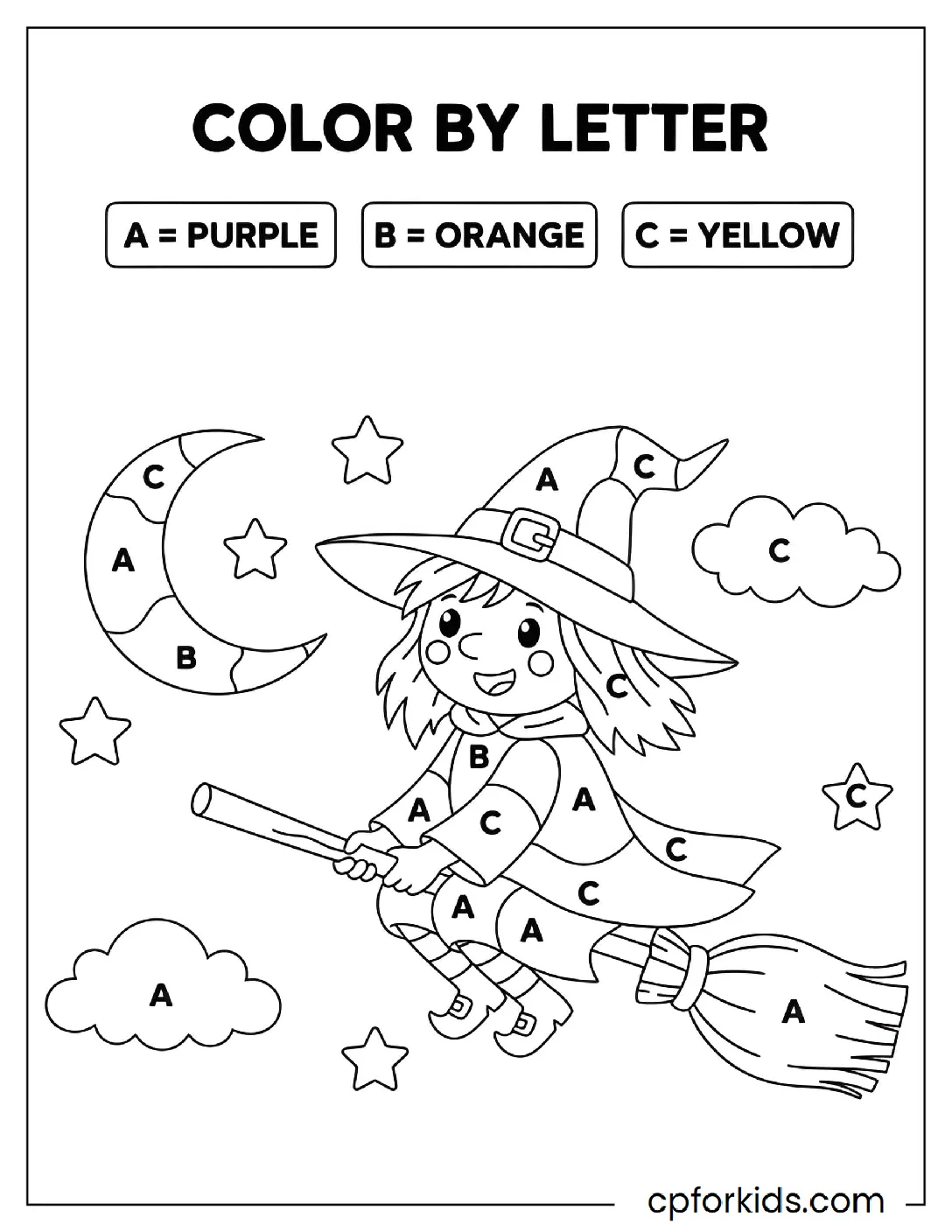 Witch outline with labeled color-by-letter sections