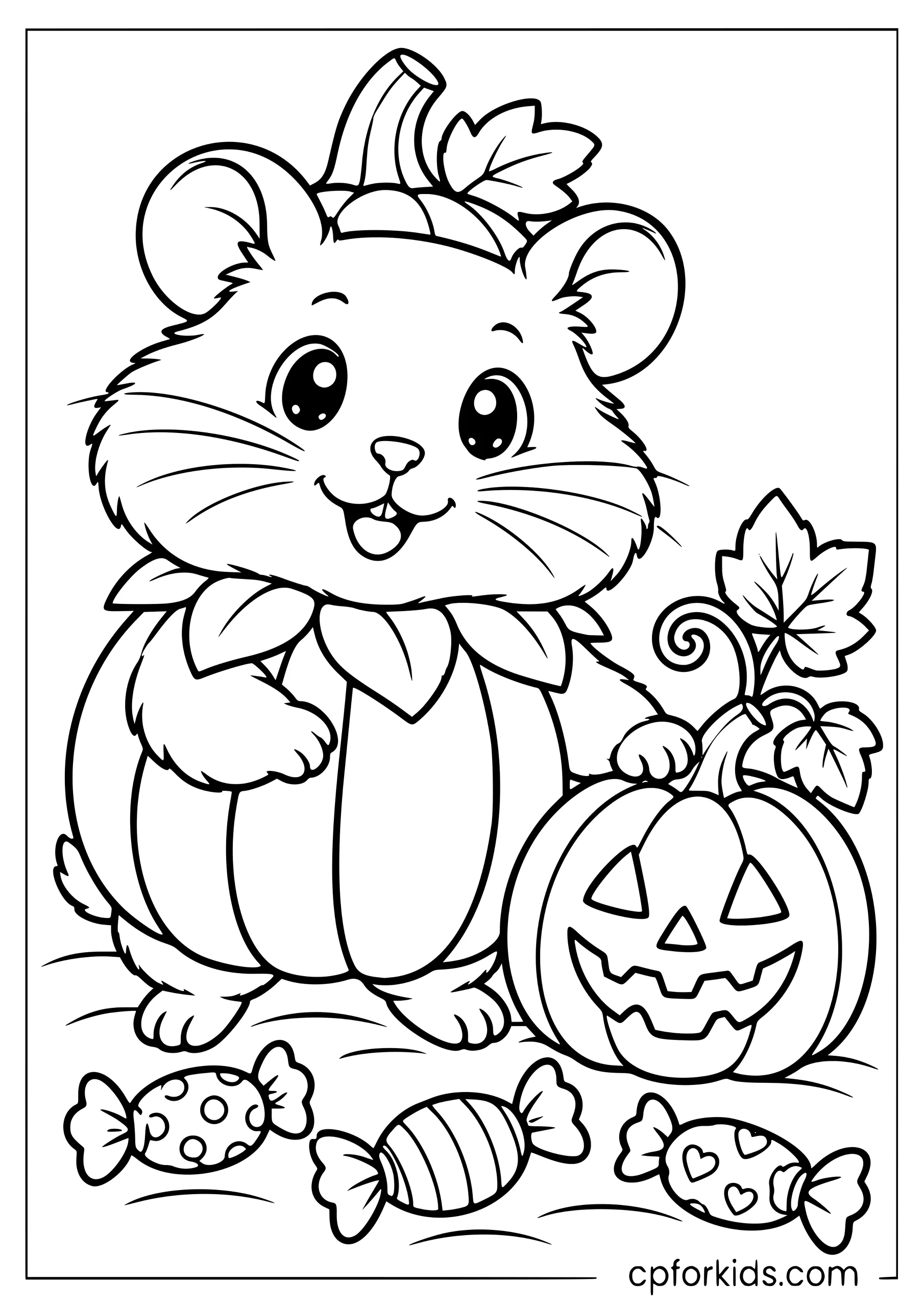 Hamster wearing pumpkin costume beside jack-o-lantern
