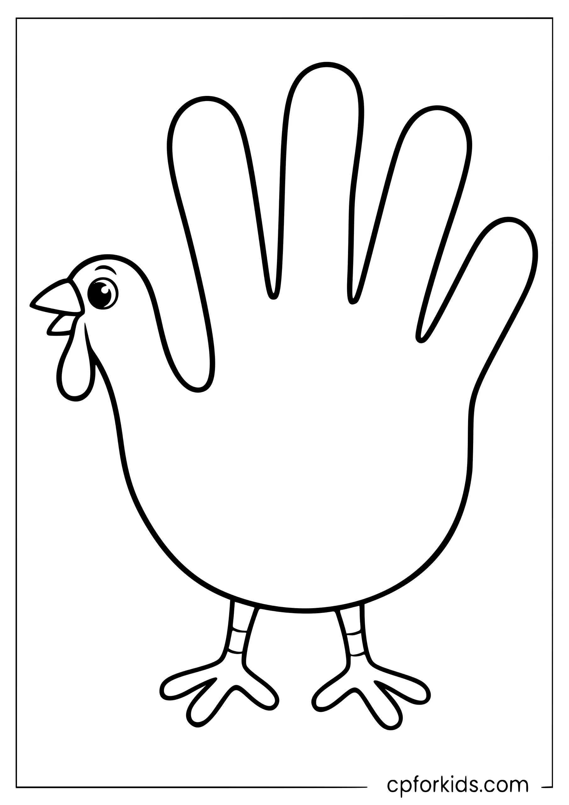 Handprint turkey with four finger feathers and two feet