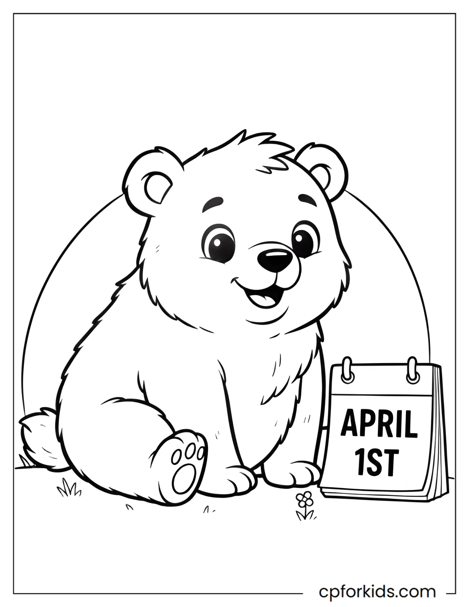 Bear waking up from hibernation on April 1st, calendar in paw