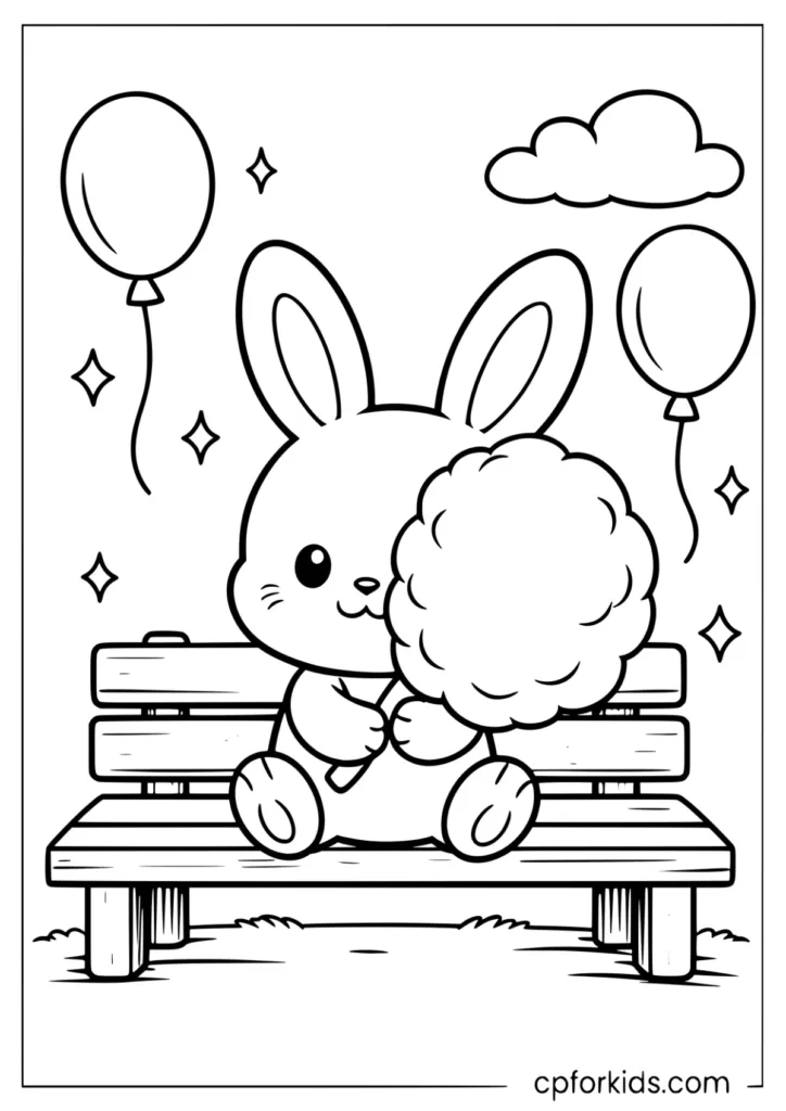 Bunny eating cotton candy cute coloring page for kids