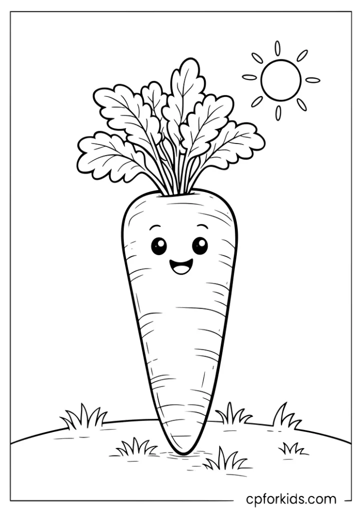 Happy carrot standing in a sunny garden field vegetable coloring page for kids
