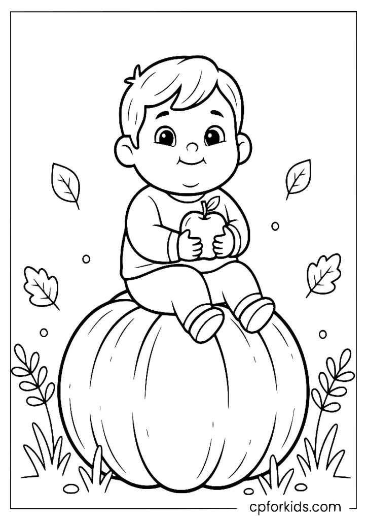Smiling child sitting on a pumpkin in a pumpkin patch, fall coloring page for kids