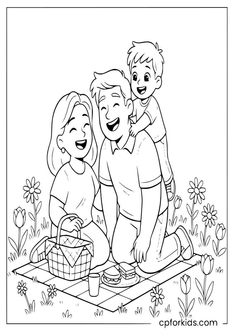 Happy family picnic with child climbing on father's back