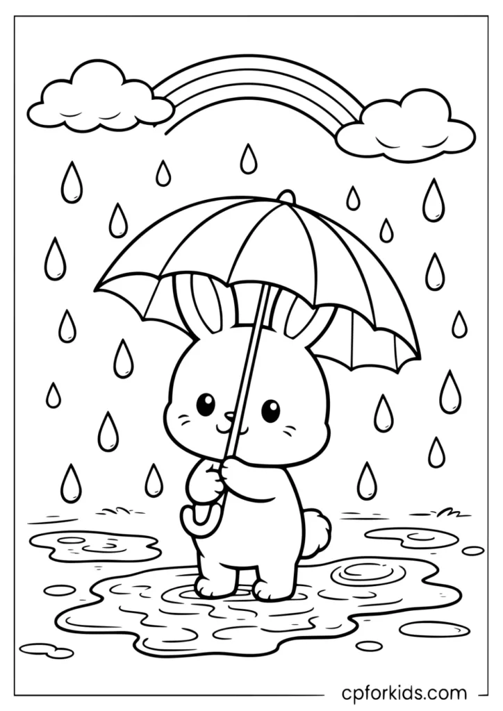 Happy Female Rabbit Walking In The Rain With An Umbrella Coloring Page