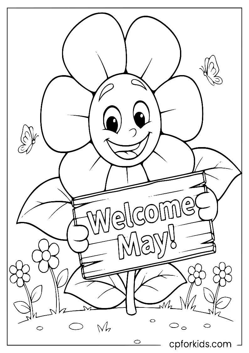 Smiling flower holding a "Welcome May!" sign