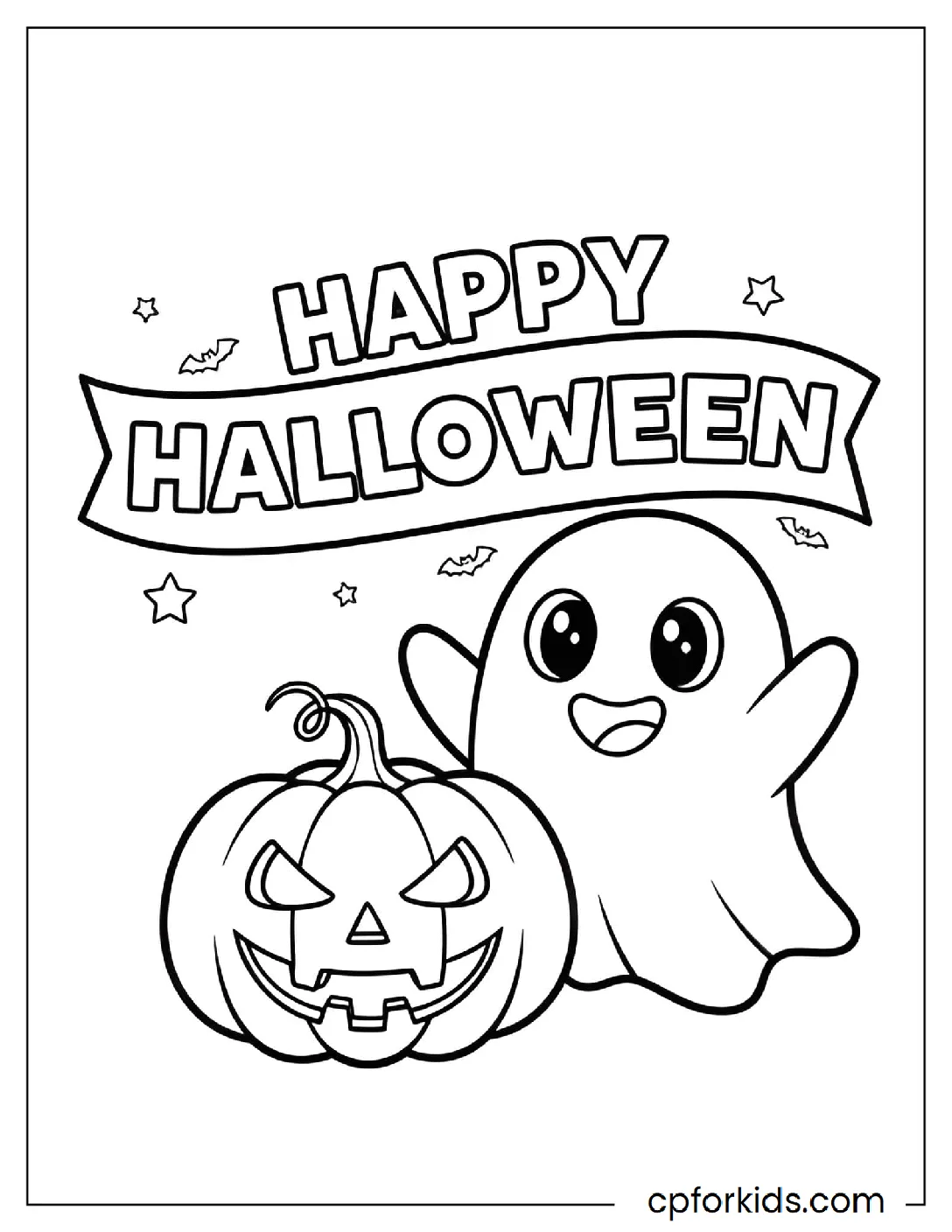 Ghost and pumpkin under a banner