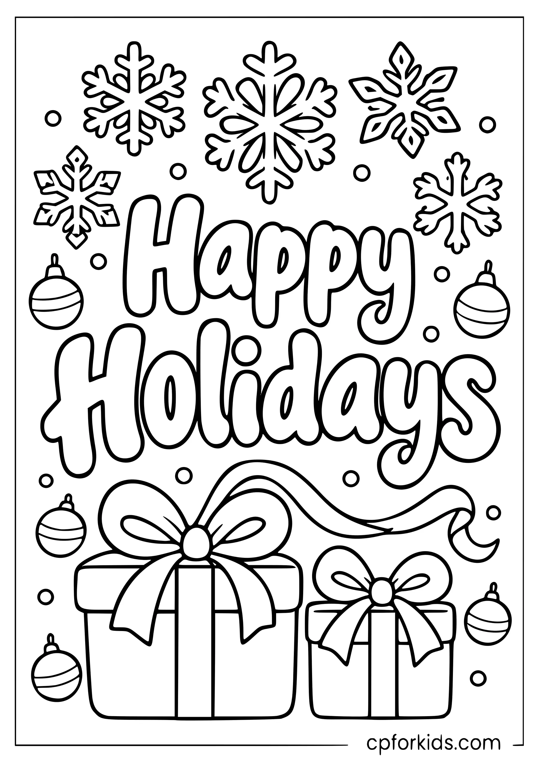 Happy Holidays letters with snowflakes and wrapped gifts