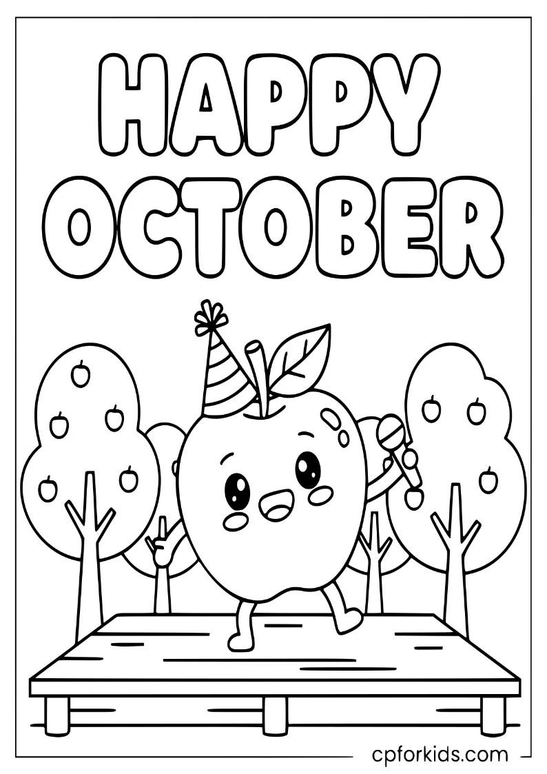 A dancing apple singing on a stage with Happy October bold lettering