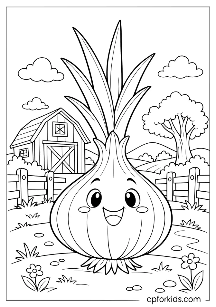 Happy onion with tall sprouts and barnyard vegetable coloring page