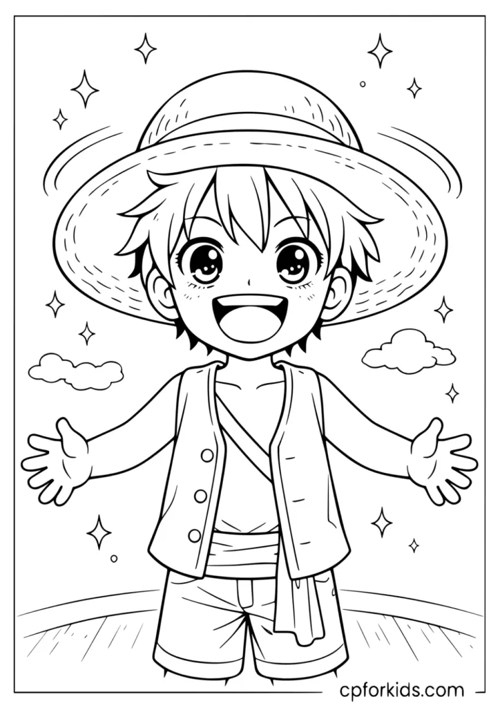 Happy young pirate boy with a large straw hat coloring sheet