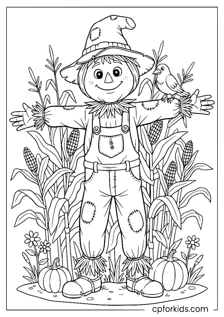 A scarecrow in a harvest field with a small bird on its shoulder.