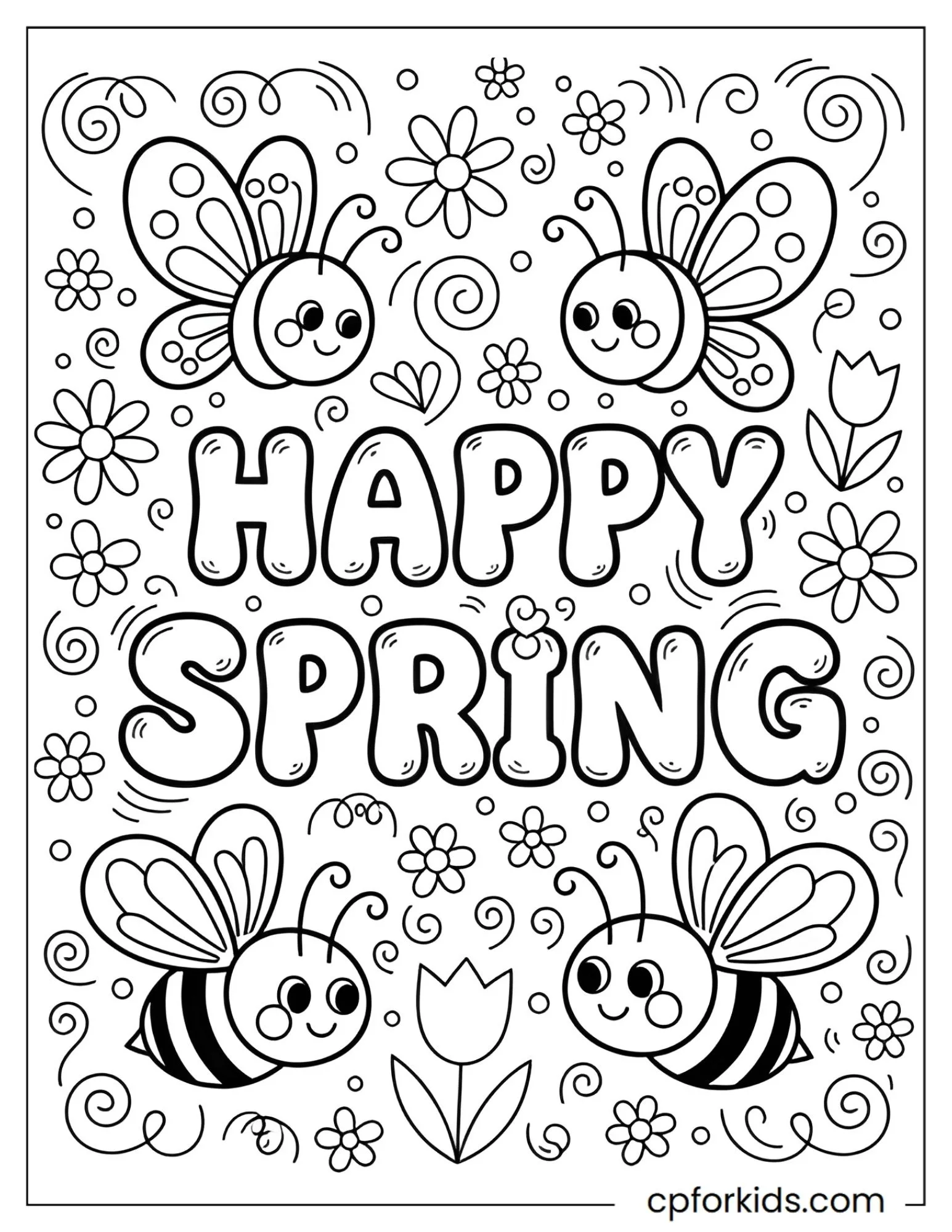 Happy Spring sign with bees and butterflies