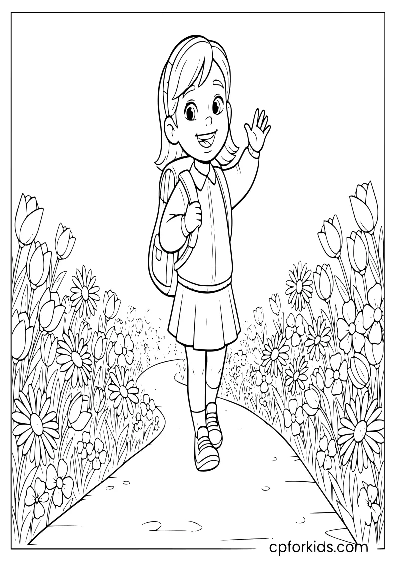 Smiling student walking a flower-lined path