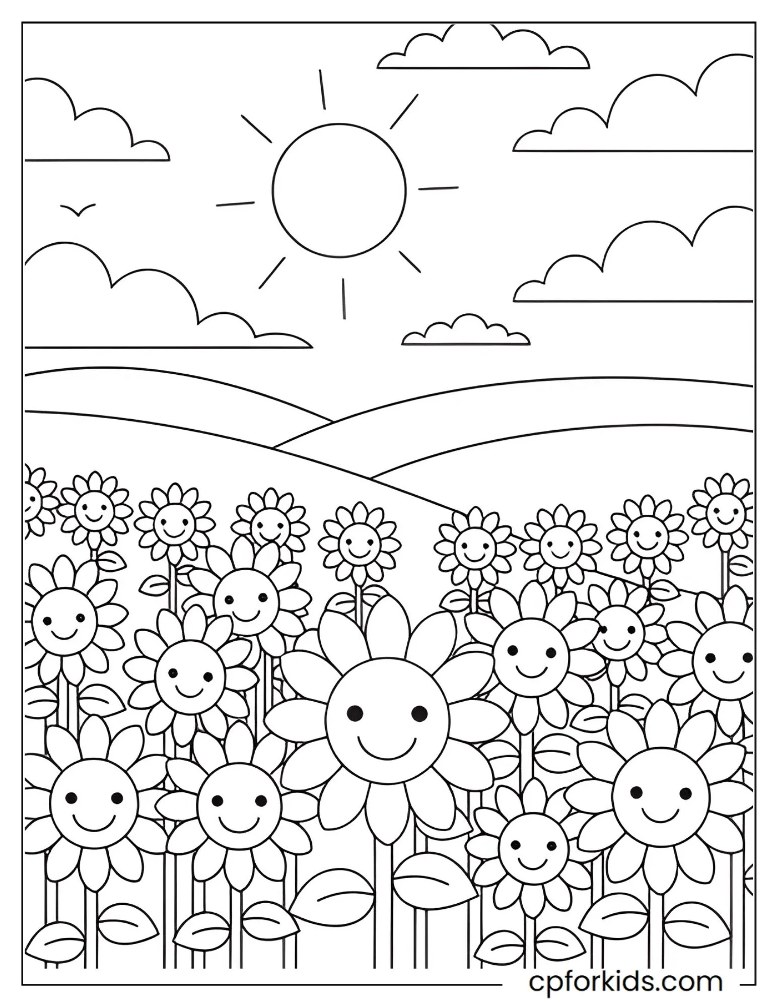 Sunflower field under a smiling sun