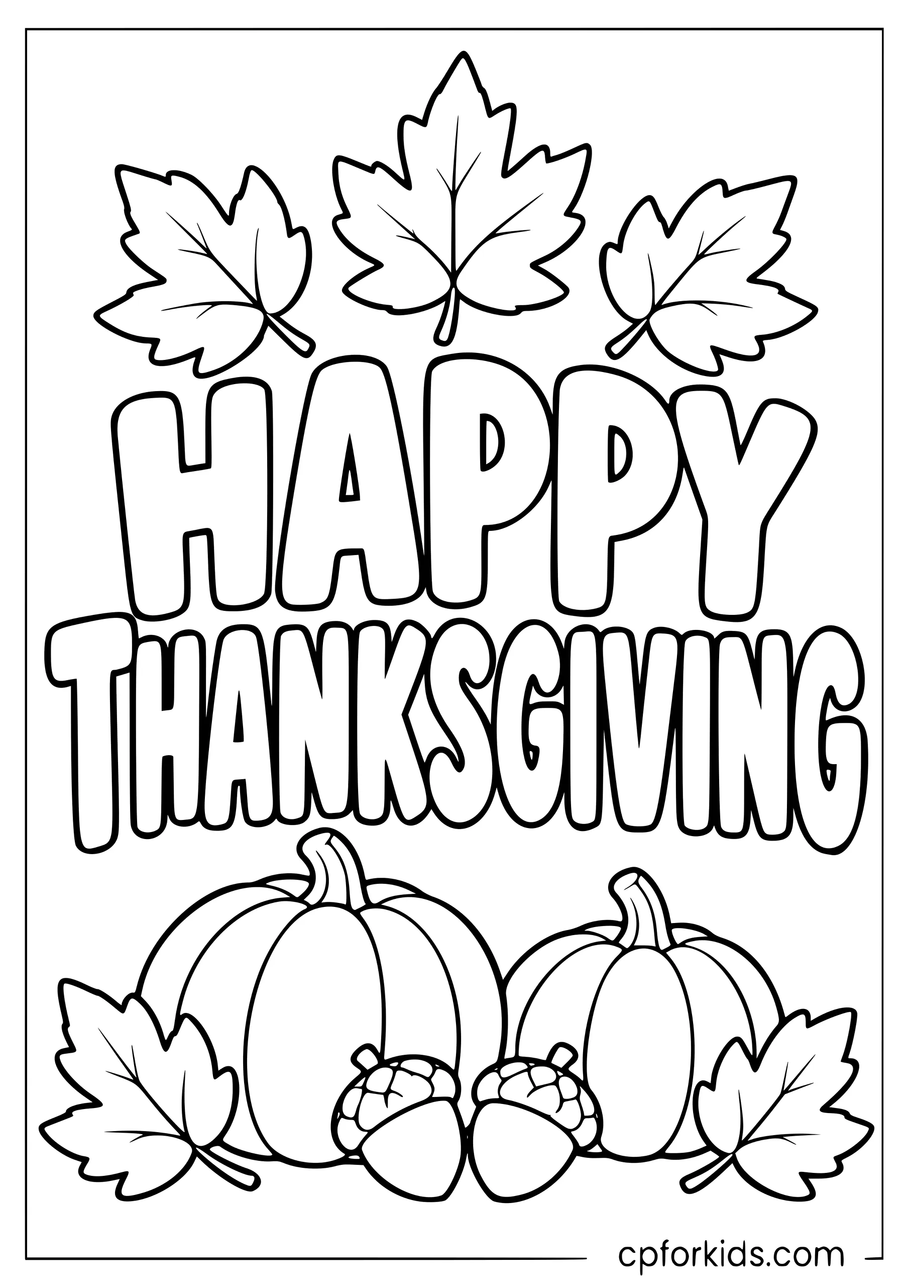 Happy Thanksgiving lettering surrounded by pumpkins, leaves and acorns