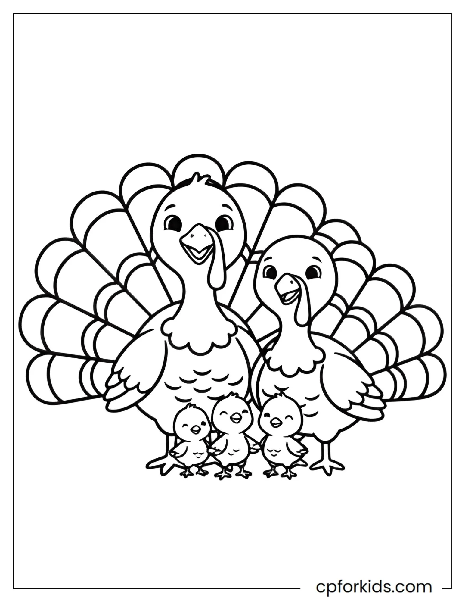 Two adult turkeys standing behind three baby turkeys