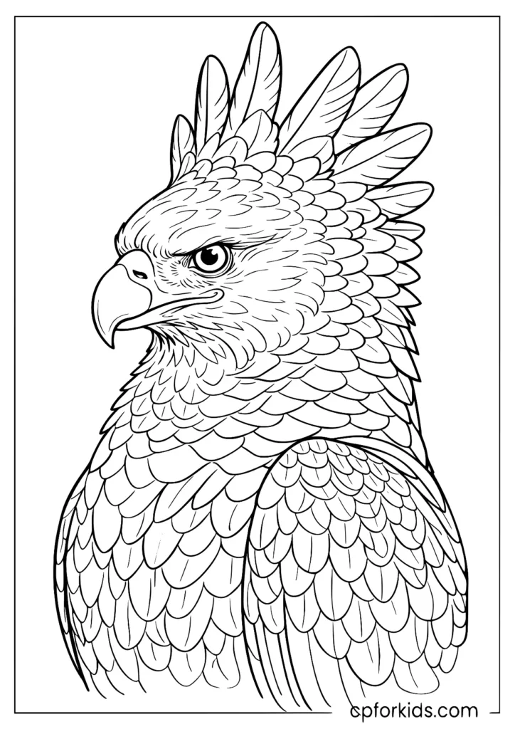 Harpy eagle realistic coloring page with distinctive head feathers.