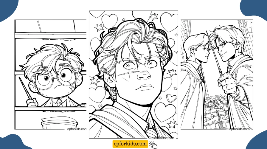 Free printable Harry Potter coloring pages — Harry on the train, Harry close-up with hearts, and Harry vs Draco duel