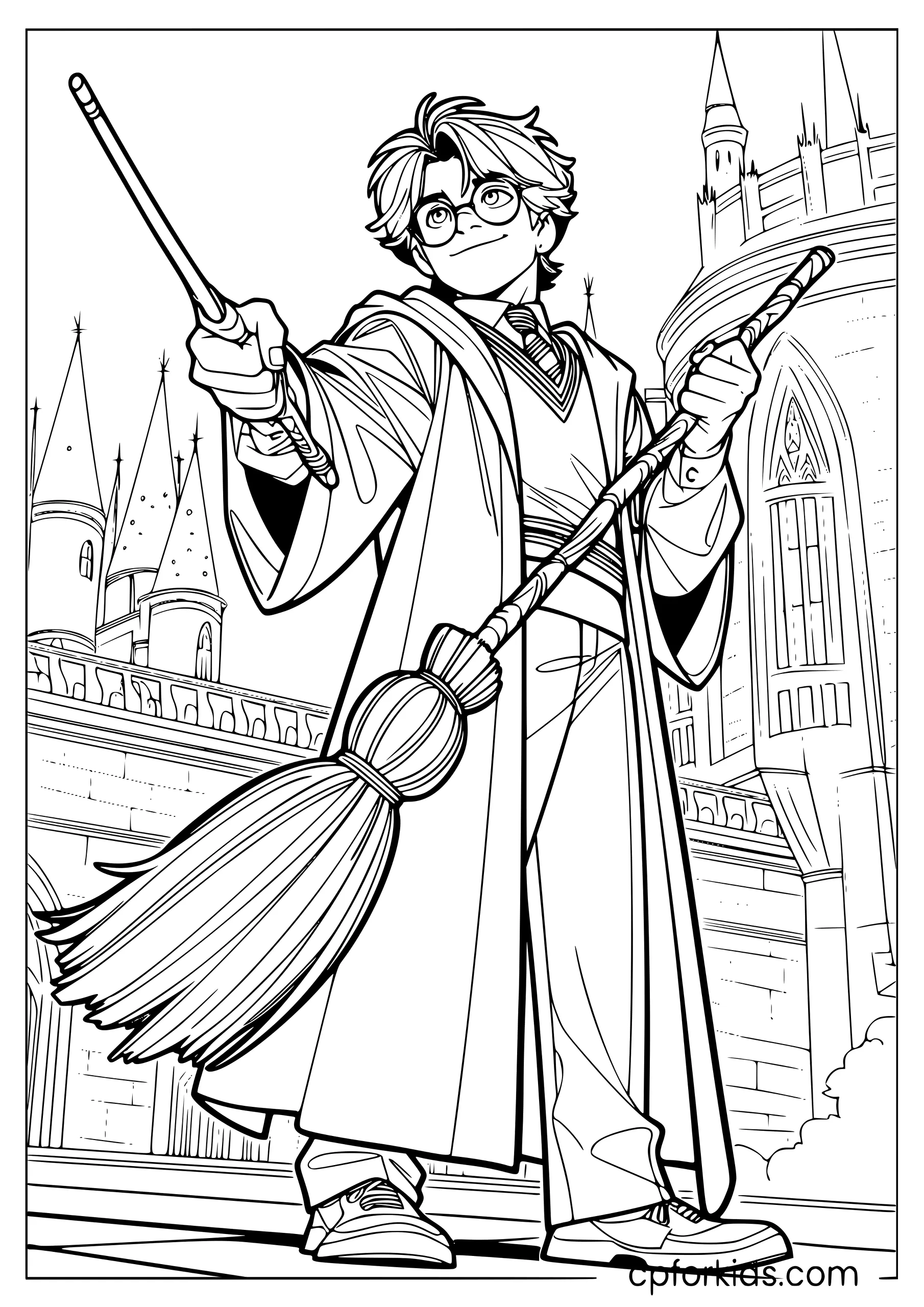 Harry with Wand and Broomstick