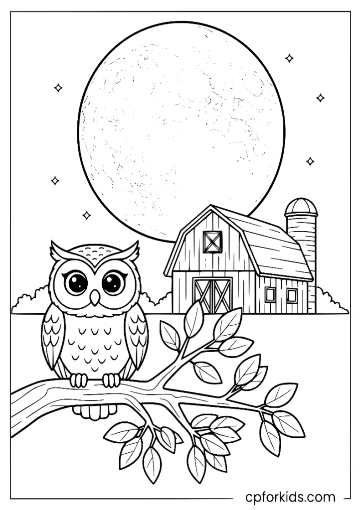A beautiful harvest moon scene with a barn and an owl sitting on a tree branch.