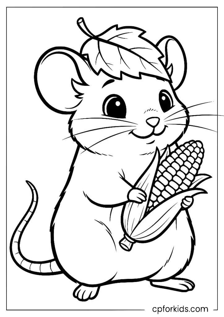 Small harvest mouse holding corn, simple September coloring page printable