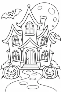 A haunted house under a full moon with bats flying above