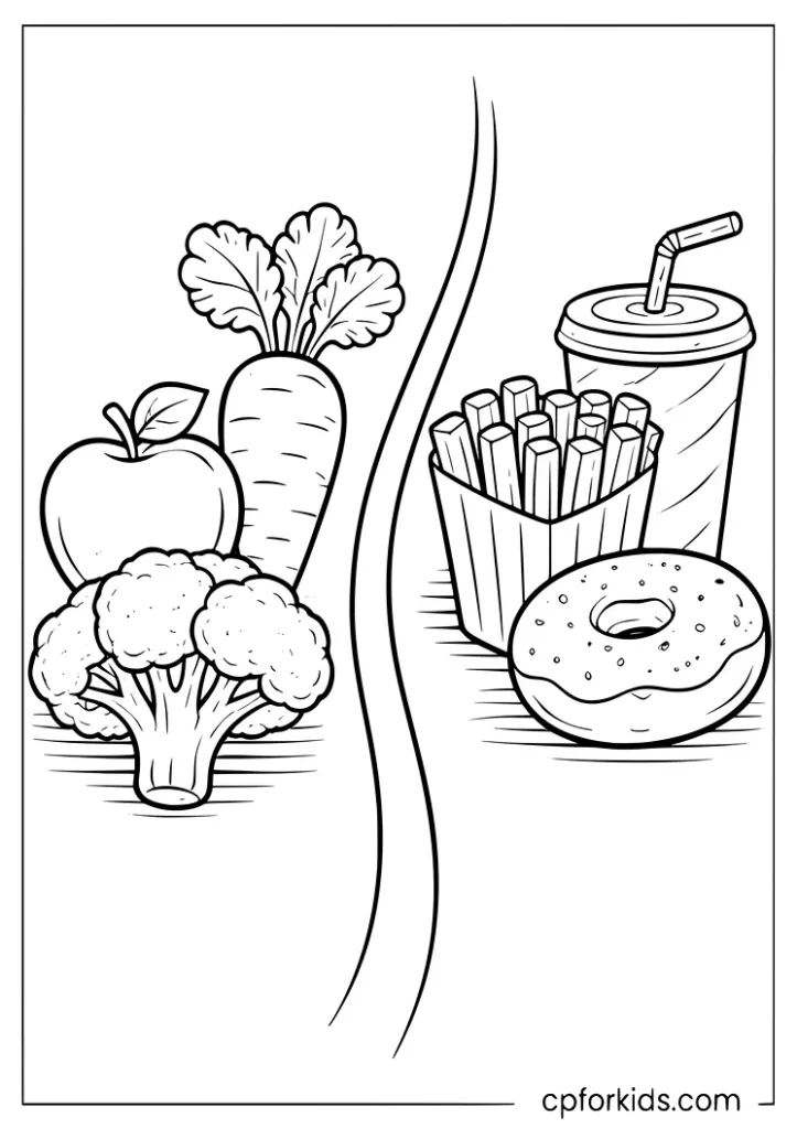 Healthy and unhealthy food comparison coloring page for kids