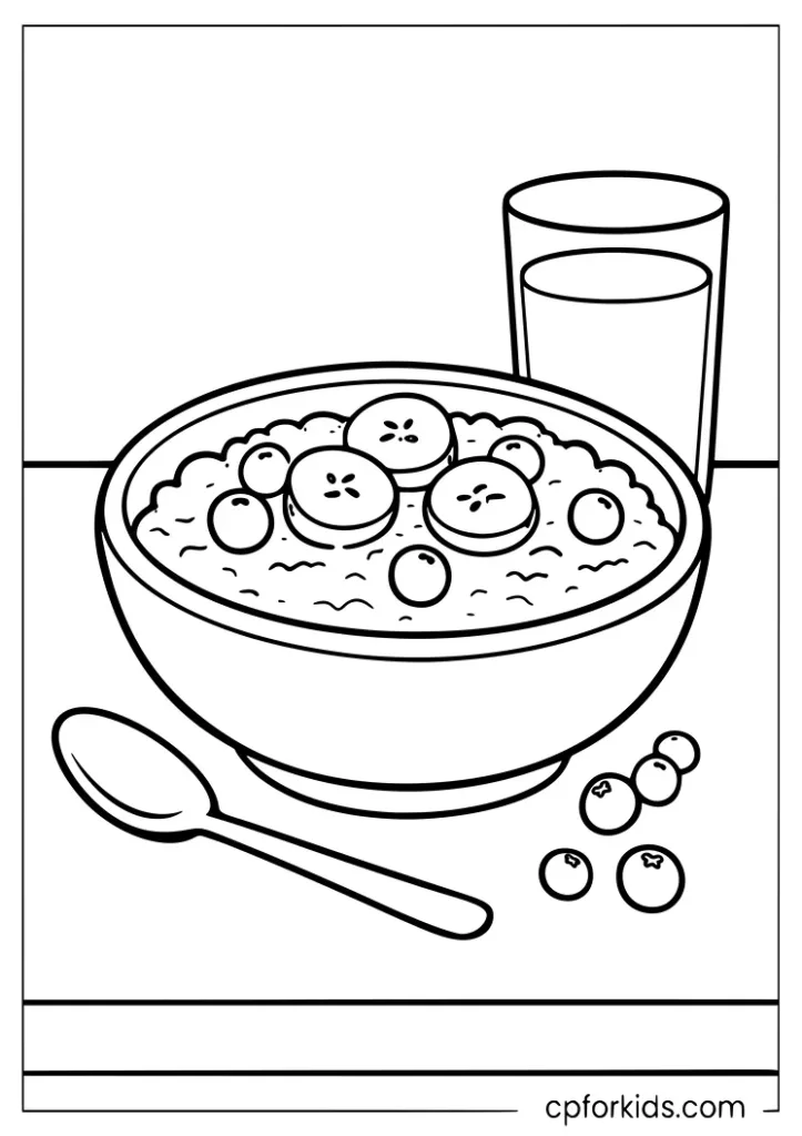 Healthy breakfast table coloring page with oatmeal fruit and milk