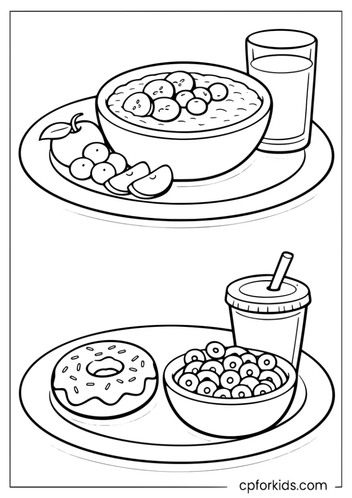 Healthy breakfast vs sugary breakfast coloring page for kids