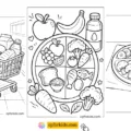Free printable healthy food coloring pages featuring a grocery cart, food group plate, and healthy meal tray for kids