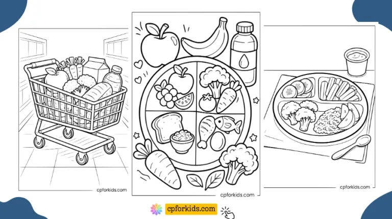Free printable healthy food coloring pages featuring a grocery cart, food group plate, and healthy meal tray for kids
