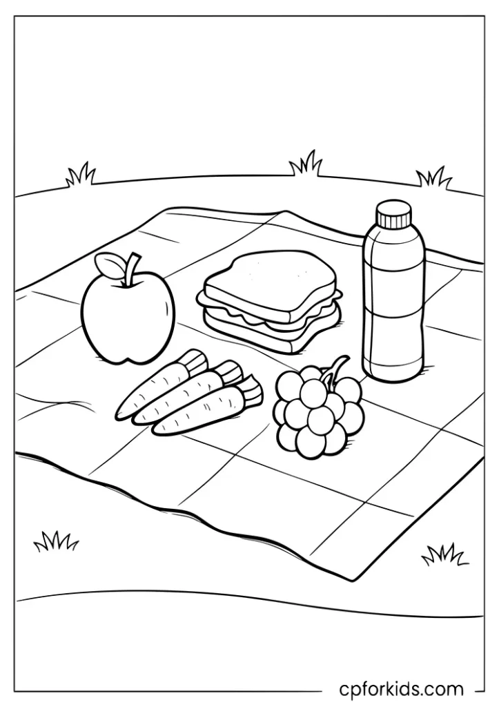 Healthy food picnic coloring page with fruit vegetables and water